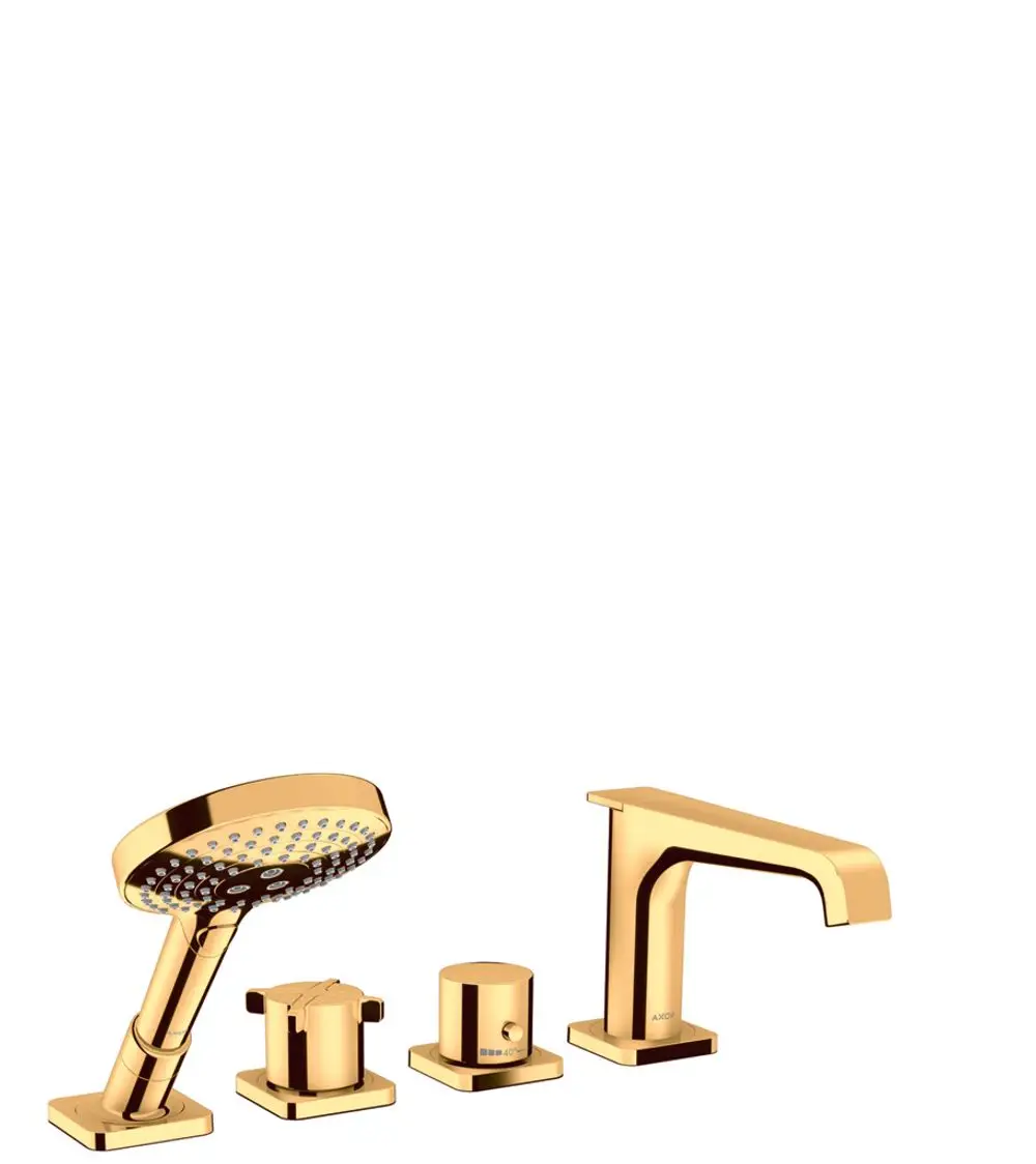 AXOR Wannenrandarmatur in Polished Gold Optik, bestehend aus vier Komponenten: Handbrause, Bedienhebel und Wasserhahn. Schlichtes Design, funktionale Anordnung.